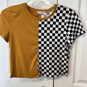 Checkered Black White/Gold Mustard Crop Top
